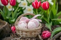 Happy easter community outreach Eggs Fictional Basket. White resurrected Bunny buds. Retro background wallpaper Royalty Free Stock Photo