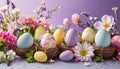 Happy Easter composition, colorful eggs among spring flowers on pastel purple background Royalty Free Stock Photo