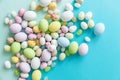 Happy Easter concept. Easter candy chocolate eggs and jellybean sweets isolated on trendy pastel blue background. Simple
