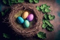 Happy Easter concept. Colorful eggs placing over nest.