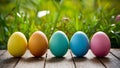 Happy Easter concept colorful eggs on wooden table outdoors Royalty Free Stock Photo