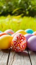 Happy Easter concept colorful eggs on wooden table outdoors Royalty Free Stock Photo