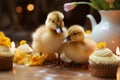 Happy Easter concept ducklings, quail eggs, and cupcakes delightfully displayed Royalty Free Stock Photo