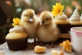 Happy Easter concept ducklings, quail eggs, and cupcakes delightfully displayed