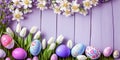 Happy Easter concept with easter eggs and spring flowers. Decorated easter eggs in grass with flowers. Easter background with copy Royalty Free Stock Photo
