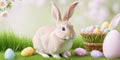 Happy Easter concept with easter eggs and spring flowers. Decorated easter eggs in grass with flowers. Easter background with copy Royalty Free Stock Photo