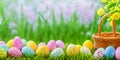 Happy Easter concept with easter eggs and spring flowers. Decorated easter eggs in grass with flowers. Easter background with copy Royalty Free Stock Photo