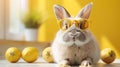 Happy Easter Concept: Holiday Greeting Card with Cool Bunny wearing Sunglasses, Leaning on Large Painted Yellow Easter Egg with Ge Royalty Free Stock Photo