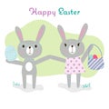 Hand drawn easter bunny girl in dress and bunny boy, painted eggs and a basket surrounded by green grass. Bright, funny Royalty Free Stock Photo