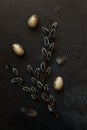 Happy Easter concept. Preparation for holiday. Golden decorated easter eggs willow feather on trendy grunge scratched dark black Royalty Free Stock Photo