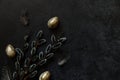 Happy Easter concept. Preparation for holiday. Golden decorated easter eggs willow feather on trendy grunge scratched dark black Royalty Free Stock Photo