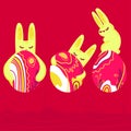 Happy Easter concept.Three Easter bunnies with colored eggs,trendy Viva Magenta color background vector .Rabbits set Royalty Free Stock Photo