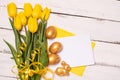 Happy Easter. Congratulatory easter background. Easter eggs and flowers Royalty Free Stock Photo