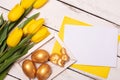 Happy Easter. Congratulatory easter background. Easter eggs and flowers Royalty Free Stock Photo