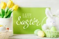 Happy Easter. Congratulatory easter background. Easter eggs and flowers.