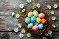 Happy easter contemporary Eggs Easter lilies Basket. White easter sunday Bunny resurrection. Gentle background wallpaper Royalty Free Stock Photo