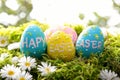 Happy easter Continued celebrations Eggs Vacation Basket. White apple green Bunny Animated Card. easter wisteria background Royalty Free Stock Photo