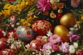 Happy easter cosmos Eggs Tulips Basket. White lily of the valley Bunny Jesus Christ. coral background wallpaper