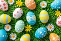 Happy easter cross themed card Eggs Eggstra Fun Bunny Basket. White grass Bunny digital art. Egg shaped candies background Royalty Free Stock Photo