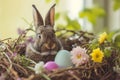 Happy easter cuddly Eggs Easter Bunny Centerpiece Basket. White Joy Bunny grass. burrow background wallpaper