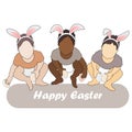 Happy easter. Cute Babies with Bunny Ears and Eggs. Premium Vector