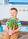 Happy easter. Cute boy getting ready for the holiday. Easter decoration Royalty Free Stock Photo
