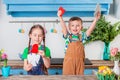 Happy easter. Cute brother and sister, funny kids boy and girl are preparing for the holiday Royalty Free Stock Photo