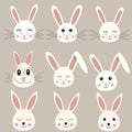 Happy easter cute bunnies in different expressions clip art vector illustration isolated on gray background.