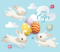 Happy Easter Cute Bunny Egg Vector Banner. Cute White Rabbit, Flower and Cloud on Blue Background Typography Poster Royalty Free Stock Photo