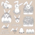 Happy Easter. Cute bunny and flowers. Digital stamps. Clip art. Spring coloring