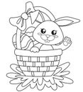 Happy Easter. Cute bunny sitting in basket with eggs. Black and white vector illustration for coloring book