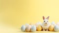 Happy easter Cute bunny sitting easter eggs dot pattern pastel yellow background with copyspace Generative AI