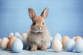 Happy easter Cute bunny sitting easter eggs on pastel blue background Generative AI