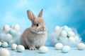 Happy easter Cute bunny sitting easter eggs on pastel blue background Generative AI