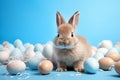 Happy easter Cute bunny sitting easter eggs on pastel blue background Generative AI