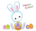 Happy Easter. Cute Easter bunny sitting with a basket.