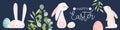 Happy easter cute folk rabbit egg doodle banner