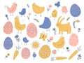 Happy easter. Cute hens, chickens and decorative patterned eggs, rabbit with carrot and butterfly, domestic animals