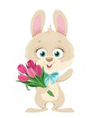 Happy Easter. Cute little bunny holding tulips Royalty Free Stock Photo