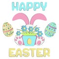 Happy Easter cute rabbit hid behind a pot of flowers and Easter eggs. Postcard or banner in delicate colors-pink, blue Royalty Free Stock Photo