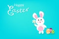 Happy Easter, cute rabbit holding flower with egg fancy, calligraphy season holiday, cartoon invitation poster greeting card