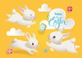 Happy Easter Cute Rabbit Vector Collection. Spring White Bunny, Flower and Cloud Isolated Round Element Set for