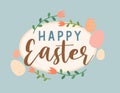 Happy Easter cute retro floral eggs graphic design, blue background with flowers, pretty springtime April holiday illustration,