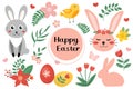 Happy Easter cute set with Easter bunny, rabbit, eggs, flowers. Hello spring set icons, objects. Vector illustration Royalty Free Stock Photo