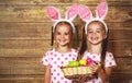 Happy easter! cute twins girls sisters dressed as rabbits with e