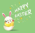 Happy Easter! Cute yellow rabbit chicken character.