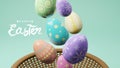 Happy Easter 3D illustration with pastel easter eggs drop to basket Royalty Free Stock Photo