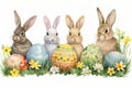 Happy easter daffodil Eggs Easter spirit Basket. White egg blowing Bunny free space. Bunny hop background wallpaper