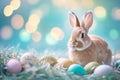 Happy easter darling Eggs Easter Bunny Hats Basket. White Cartoon Bunny Peace. Taupe background wallpaper Royalty Free Stock Photo