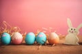 Happy Easter Day background and backdrop, cute bunny rabbit, ornament, and colorful egg, copy space greeting and backdrop, banner